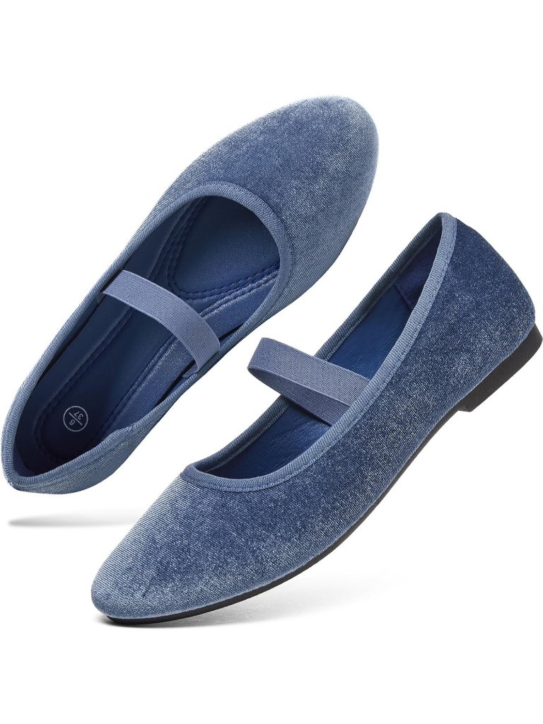 Women's Navy Velvet Round Toe Ballet Flats Elastic Strap Soft Slip-On Shoes